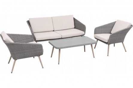 Zestaw mebli ratanowych retro ( sofa + 2 fotele + stolik ) szary + kremowe poduszki