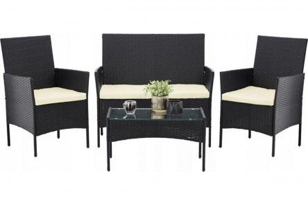 Zestaw mebli rattanowych (sofa, 2 fotele, ława) czarny + kremowe poduszki